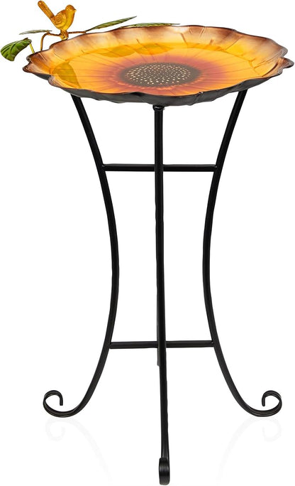 Alpine Corporation ORS882 Outdoor Metal Birdbath w/ Stylish Stand, Sunflower Birdbath Bowl and Stand Set, 29"H, Yellow/Green