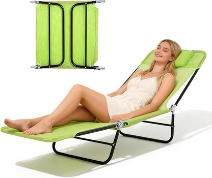 Outdoor Chaise Lounge with Detachable Pillow, Reclining Folding Chair with 5-Position Adjustable Back, Portable Tanning Chair For Beach, Pool, Lawn, Breathable Mesh Seat, No Assembly (Green 2)