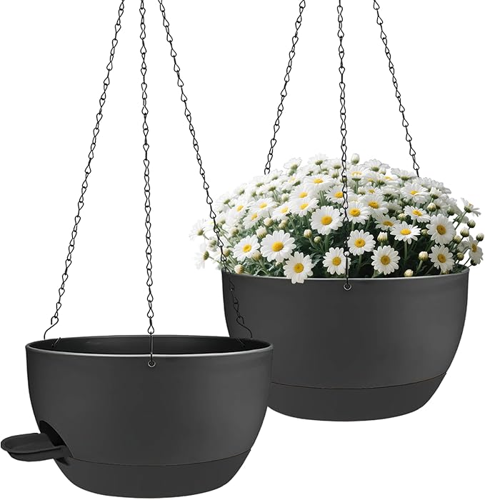 2 Pack Hanging Planters for Indoor Outdoor Plants, 12 Inch Self Watering Hanging Pot with Drainage Holes and Saucer, Plastic Plant Pots, Black Flower Pots for Kitchen, Balcony, Garden
