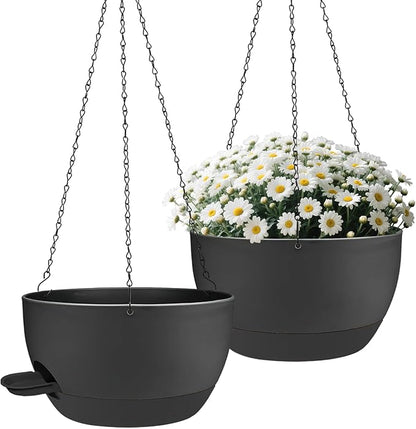 2 Pack Hanging Planters for Indoor Outdoor Plants, 12 Inch Self Watering Hanging Pot with Drainage Holes and Saucer, Plastic Plant Pots, Black Flower Pots for Kitchen, Balcony, Garden
