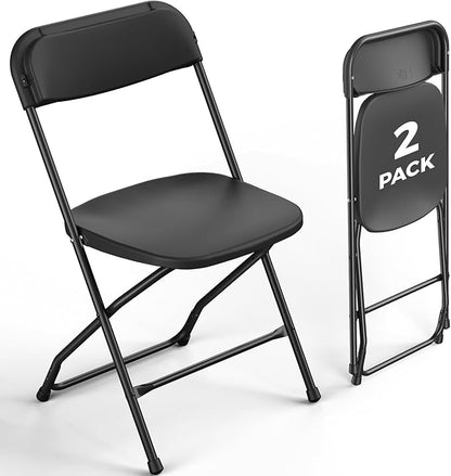 2 Pack Black Plastic Folding Chairs, Outdoor Portable Folding Chair with Steel Frame, 350lbs Capacity Stackable Foldable Chairs for Patio, Garden, Picnic, Kitchen, Events
