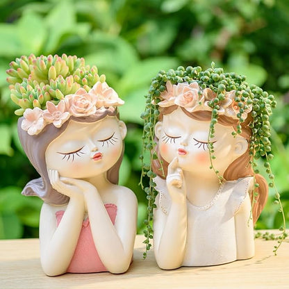 Fairy Girl face planters, Cute Succulent pots for Indoor and Outdoor Plants,Resin Head Planter Pots with Drainage Hole(Medium-Listening)
