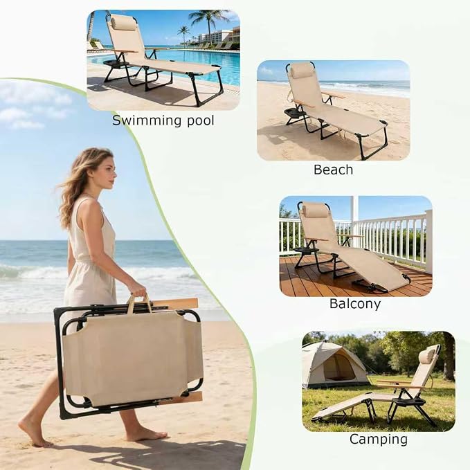 Folding Lounge Chair with Canopy, Tanning Chair with 4-Position Reclining Back, Folding Sun Lounger, Outdoor Lounge Chair for Beach, Poolside, Backyard, Camping, UPF 50+ Sun Shade, 300 LBS