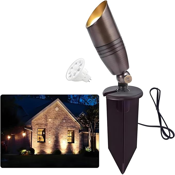 Cheopha Low Voltage Landscape Light Outdoor Spotlight 12V Brass Solid LED Kits with ABS Ground Spike and MR16 LED Bulb 5W 2700K Included for Yard Pathway Outdoor Landscape Lighting