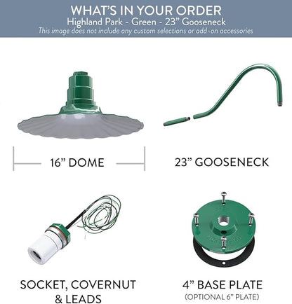 Steel Lighting Co. Highland Park Barn Light | Outdoor Wall Mounted | 16 inch Radial Wave | 23 inch Gooseneck | Vintage Style Made in America | Green Exterior/White Interior