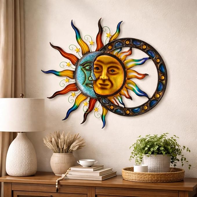 Glitzhome Sun and Moon Wall Decor, 33.5 Inch Celestial Metal Wall Art with Glossy Color Finish and Antique Details, Outdoor Sun and Moon Decor for Garden Porch Patio Home