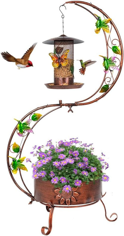 DREAMSOUL Metal Bird Feeder Stand with Flower Planter Pedestal, 35.4 Inch Tall Planter Vintage Bird Feeders for Outdoors Garden Patio Decor