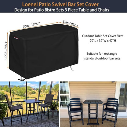 Patio Swivel Bar Set Covers, Waterproof Outdoor Bar Height Set Cover for Patio Bistro Sets 3 Piece Table and Chairs, Heavy Duty 600D Outdoor Bars Height Dining Sets Cover- 70" L x 32" W x 47" H