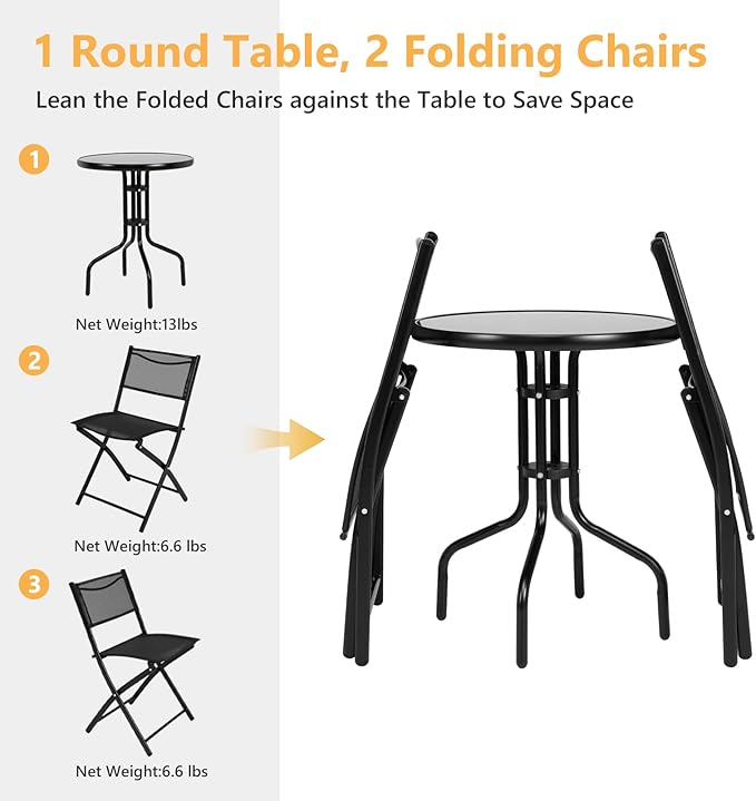 S AFSTAR 3-Piece Bistro Set for Outdoor Yard Garden Park, Round Table with 2 Folding Chairs Patio Furniture Set (Classic Black)