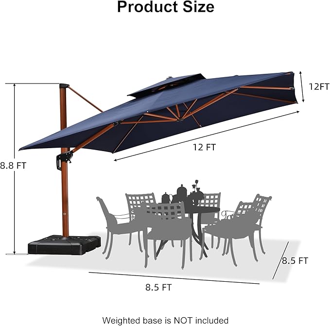 PURPLE LEAF 12ft Patio Umbrella Outdoor Square Umbrellas Large Cantilever Umbrella Windproof Offset Umbrellas Heavy Duty Sun Umbrella for Garden Deck Pool Patio, Navy Blue