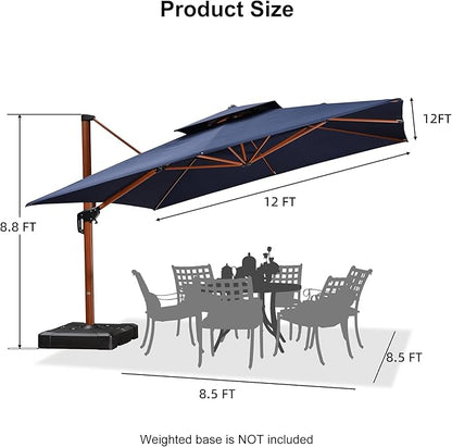 PURPLE LEAF 12ft Patio Umbrella Outdoor Square Umbrellas Large Cantilever Umbrella Windproof Offset Umbrellas Heavy Duty Sun Umbrella for Garden Deck Pool Patio, Navy Blue