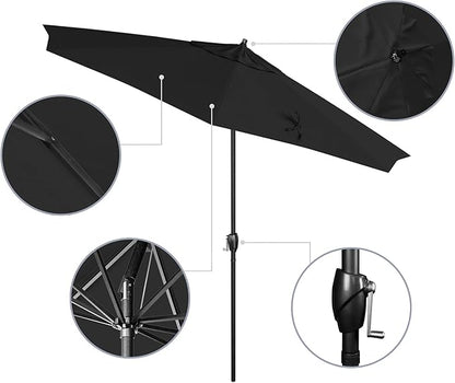California Umbrella 9' Rd Aluminum Patio Umbrella, Crank Lift, Auto Tilt, Black Finish, Sunbrella Black