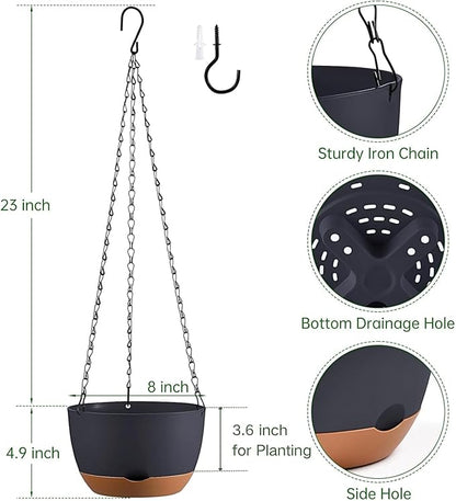 Set of 2 Hanging Planters for Indoor Outdoor Plants, 8 Inch Self-Watering Hanging Flower Pots with Drainage Hole & Removable Water-Storage Tray (Hooks)
