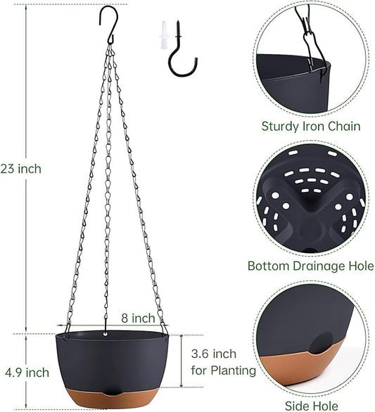 Set of 2 Hanging Planters for Indoor Outdoor Plants, 8 Inch Self-Watering Hanging Flower Pots with Drainage Hole & Removable Water-Storage Tray (Hooks)