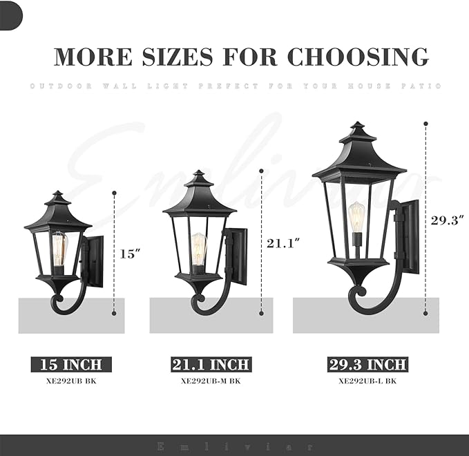 Emliviar 2 Pack Outdoor Sconces Wall Lighting, 15 Inch Modern Outdoor Wall Light with Clear Glass, Black Finish, XE292UB-2PK BK
