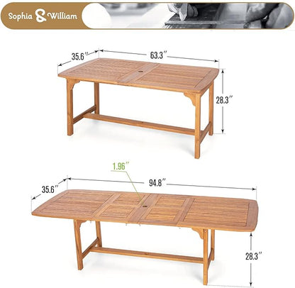 Sophia & William Acacia Wood Expandable Patio Dining Table for 6-8, Outdoor Oil Finish Extending Rectangular Wooden Picnic Table with 1.97" Umbrella Hole, Natural Wood Table for Porch Yard Deck, Teak