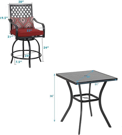 MFSTUDIO 3 PCS Outdoor Patio Bar Sets, 2 Swivel Bar Height Chairs and 1 Metal Bar Table,2 Pack Seat Cushions, Adjust Screw Feet, Black