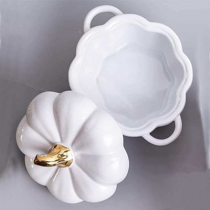 Pumpkin Bowl Set with Lid and Handle, Set of 2 Ceramic Ramekins for Baking, Casserole Dish Individual Severing Pot, Stoneware, Oven Safe, 14 Oz (White)