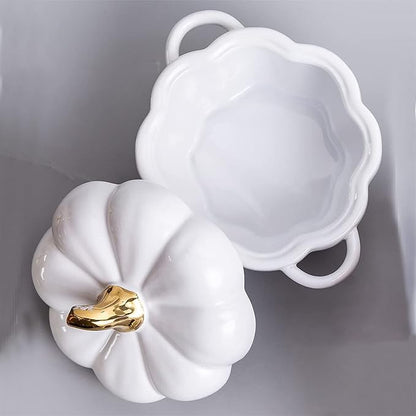 Pumpkin Bowl Set with Lid and Handle, Set of 2 Ceramic Ramekins for Baking, Casserole Dish Individual Severing Pot, Stoneware, Oven Safe, 14 Oz (White)