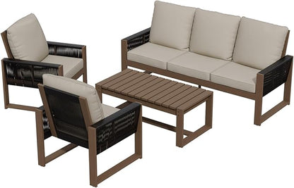 Rustic Hideaway Natural Cedar Wood Outdoor Furniture Set, Wicker Patio Conversation Set for Porch Garden Backyard, Couch, 2 Patio Chairs and Coffee Table, 4 Piece, Brownish/Beige