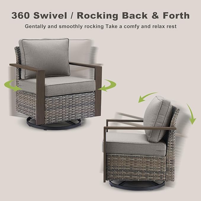 Rilyson Outdoor Wicker Patio Furniture Set - 5 Piece Patio Conversation Set with 2 Wicker Swivel Rocker Chairs,2 Rattan Ottoman and 1 Couch,Thick Cushions,Deep Seating,Wide Armrest(Mixed Grey/Grey)