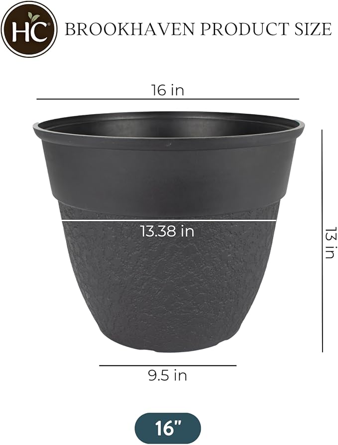 The HC Companies Brookhaven Decorative Round Planter - Lightweight Premium Resin Plant Pot with a Stonelike Texture for Indoor Outdoor Use (16 Inch Black, Pack of 2)