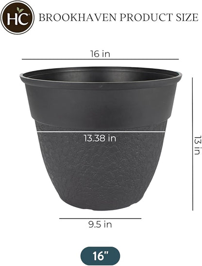 The HC Companies Brookhaven Decorative Round Planter - Lightweight Premium Resin Plant Pot with a Stonelike Texture for Indoor Outdoor Use (16 Inch Black, Pack of 2)