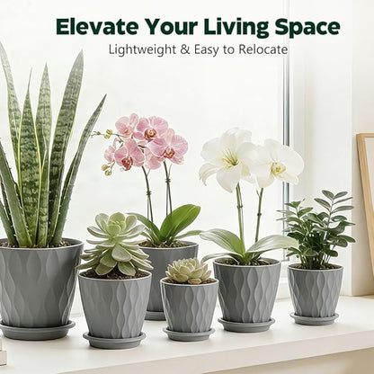 Plant Pots, Self Watering Planters with Drainage Holes and Trays, Flower Pots for Indoor Outdoor - 6 Pack(4/5/6/6.5/7/8 Inch) (Gray)
