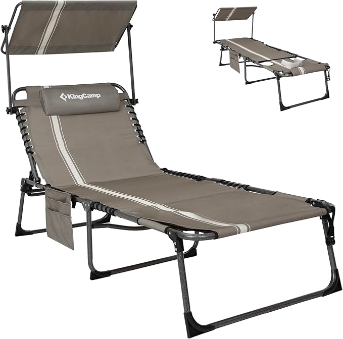 KingCamp Tanning Chair with Face Hole, Lounge Chairs Outdoor Folding Portable Comfy Adjustable 5-Position Foldable Chaise Chaser with Canopy Shade for Outside Beach Patio Sun Bathing Pool, Beige/White