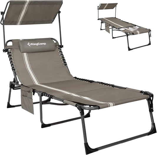 KingCamp Tanning Chair with Face Hole, Lounge Chairs Outdoor Folding Portable Comfy Adjustable 5-Position Foldable Chaise Chaser with Canopy Shade for Outside Beach Patio Sun Bathing Pool, Beige/White