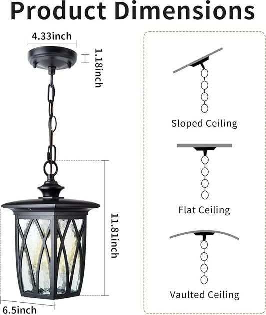 12'' Outdoor Pendant Light Fixture, Exterior Hanging Lantern, Modern Black Metal Outside Chandelier Light Fixture Ceiling Mount with Water Ripple Glass & Adjustable Chain for Porch, Gazebo, Front Door