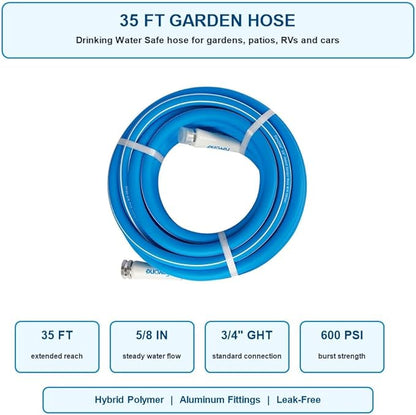 FEVONE 35 ft x 5/8 in Garden Hose, Drinking Water Safe Flexible Water Hose, Heavy Duty Hybrid Polymer Hose, Kink-Resistant, 3/4 in GHT Aluminum Fittings, Leak-Free, 600 PSI
