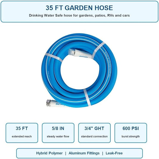 FEVONE 35 ft x 5/8 in Garden Hose, Drinking Water Safe Flexible Water Hose, Heavy Duty Hybrid Polymer Hose, Kink-Resistant, 3/4 in GHT Aluminum Fittings, Leak-Free, 600 PSI