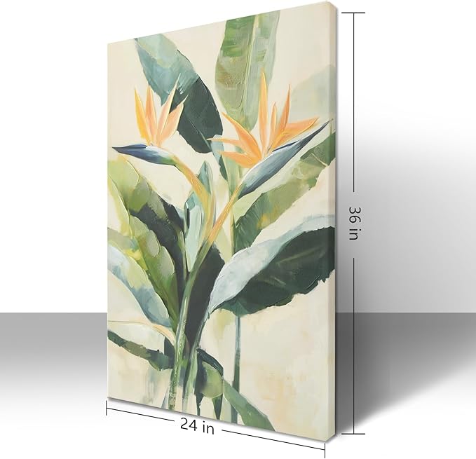 JolyWell Hand-paintd Botanical Canvas Wall Art Sage Green Leaf Tropical Plant Art Prints Boho Decor Bird of Paradise Flowers Leaf Wall Painting for Living Room Bedroom 24 x 36 IN
