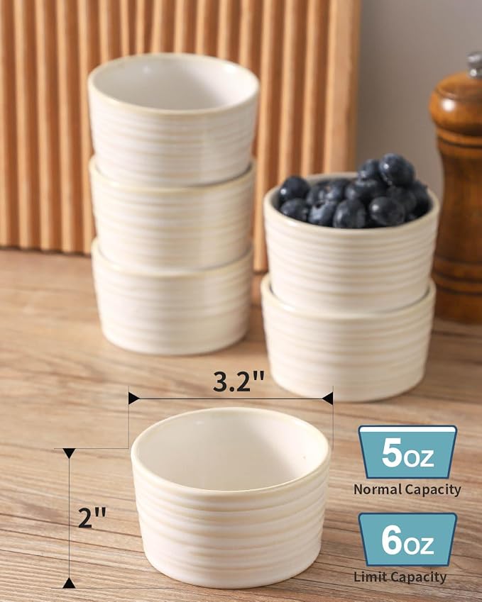 Hasense Ramekins 6 oz, Ceramic Creme Brulee Ramekins Oven Safe, Rustic Souffle Custard Cups for Baking, Dipping, Sauce, Desserts, Ice Cream, Set of 6, Clay-Infused White