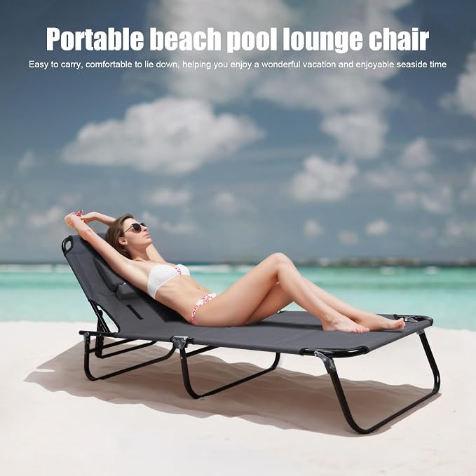 Patio Lounge Chair Reclining Folding Chaise for Indoor Outdoor Adjustable Portable Chair Removable Pillow, Sunbathing Chair for Patio, Poolside, Lawn, Beach Grey