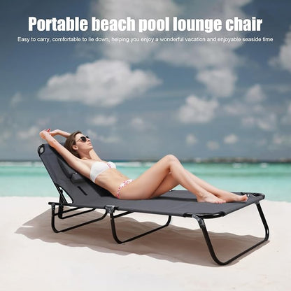 Patio Lounge Chair Reclining Folding Chaise for Indoor Outdoor Adjustable Portable Chair Removable Pillow, Sunbathing Chair for Patio, Poolside, Lawn, Beach Grey