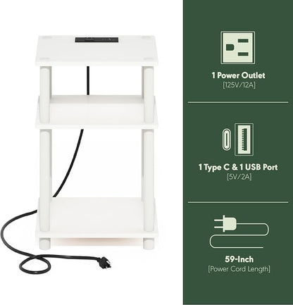 Furinno JUST Side Table, 3-Tier Modern End Table with Charging Station, Easy Assembly Night Stand, Bedside Table with USB and Type-C Port, for Living Room, Bedroom, White