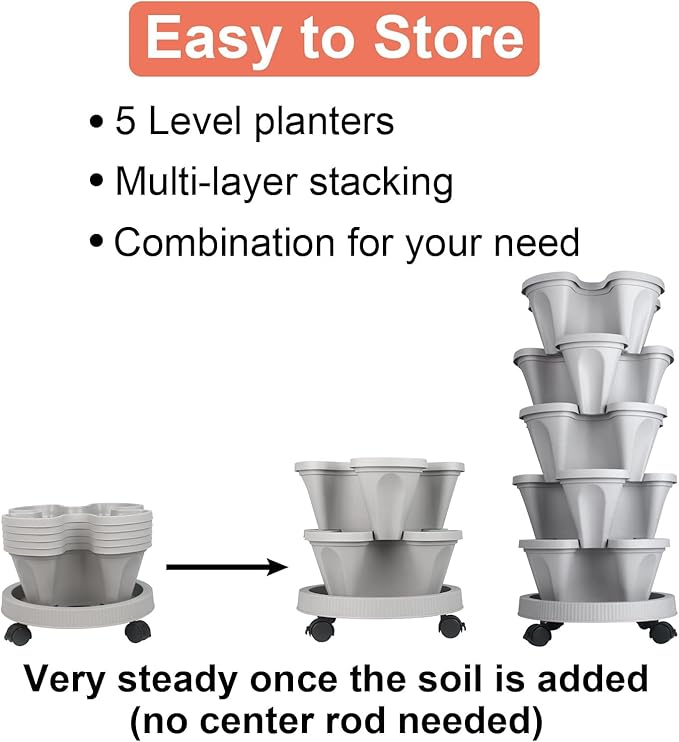 GameXcel Vertical Planter Tower- 5 Tier Stackable Garden Planter with Wheels and Tool Set – Grow Strawberries Herbs Flowers and Vegetables - Indoor Outdoor Use Gray