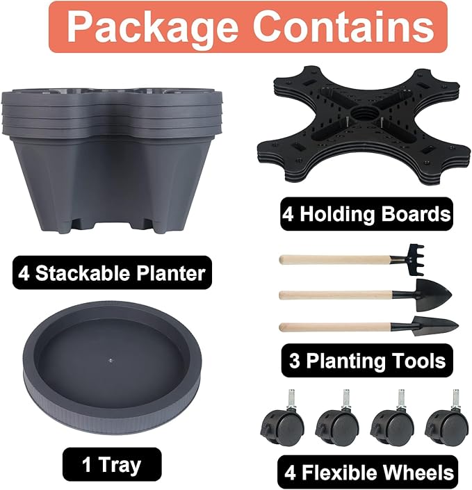 GameXcel Vertical Planter Tower- 4 Tier Stackable Garden Planter with Wheels and Tool Set – Grow Strawberries Herbs Flowers and Vegetables - Indoor Outdoor Use Dark Gray