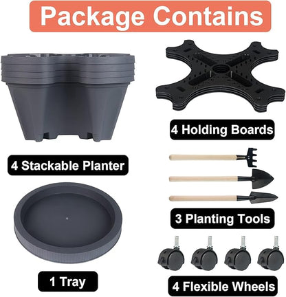 GameXcel Vertical Planter Tower- 4 Tier Stackable Garden Planter with Wheels and Tool Set – Grow Strawberries Herbs Flowers and Vegetables - Indoor Outdoor Use Dark Gray