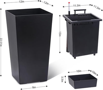 GarveeLife 22.5 in Tall Planters Set of 2, Outdoor＆Indoor Black Planter Pots, High Front Porch Planter Pots with Drainage Holes＆Water Level Monitor＆Inner Bucket, Automatic Watering, Black