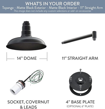Steel Lighting Co. Topanga Barn Light | Outdoor Wall Mounted | Farmhouse Garage Light Made in America | 14 inch Dome | 11 inch Straight Arm | Matte Black Exterior/Matte Black Interior