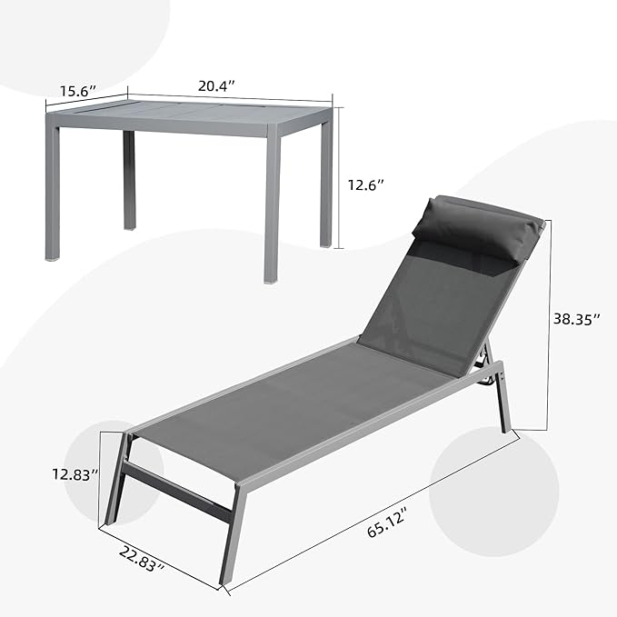 Domi Patio 3 Pieces Aluminum Textilene Chaise Lounge Set with Side Table Outdoor,Adjustable Back&Pillow for Yard,Garden,Sunbathing,for All Seasons,Gray