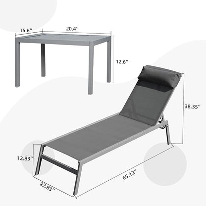 Domi Patio 3 Pieces Aluminum Textilene Chaise Lounge Set with Side Table Outdoor,Adjustable Back&Pillow for Yard,Garden,Sunbathing,for All Seasons,Gray