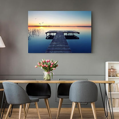 Hardy Gallery lake wall art pier picture: scenic nature canvas wall art lake scene artwork dock scenery wall decor painting - sunset landscape prints for bedroom house 45"x30"