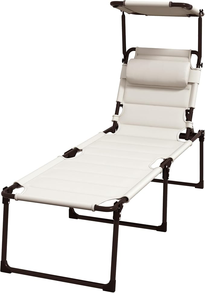 Outdoor Lounge Chair, Tanning Chair with Sunshade Roof, Adjustable Backrest Folding Chaise Lounge with Pillow Headrest for Outside, Beach, Camping, Hiking (Sunshade Roof, Cream White)
