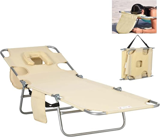 Sun Tanning Chair with Face Hole, Heavy Duty Adjustable 5-Position Folding Laying Out Chairs for Tanning, Beach Lounge Chairs for Adults for Outdoor Sunbathing Patio Pool Lawn (Beige)