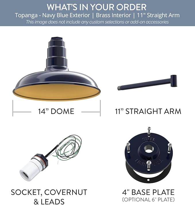 Steel Lighting Co. Topanga Barn Light | Outdoor Wall Mounted | 14 inch Dome | 11" Straight Arm | Farmhouse Garage Light Made in America | Navy Blue Exterior/Brass Interior