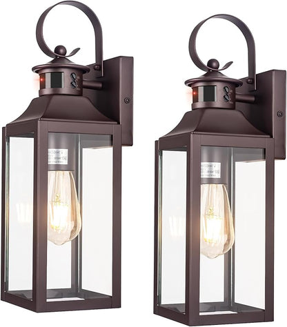 Motion Sensor Outdoor Wall Lights 2 Pack - Oil Rubbed Bronze Dusk to Dawn Light Fixtures, 16" Exterior Wall Sconces, Large Brown Outside Lamps for House, Modern Wall Lanterns